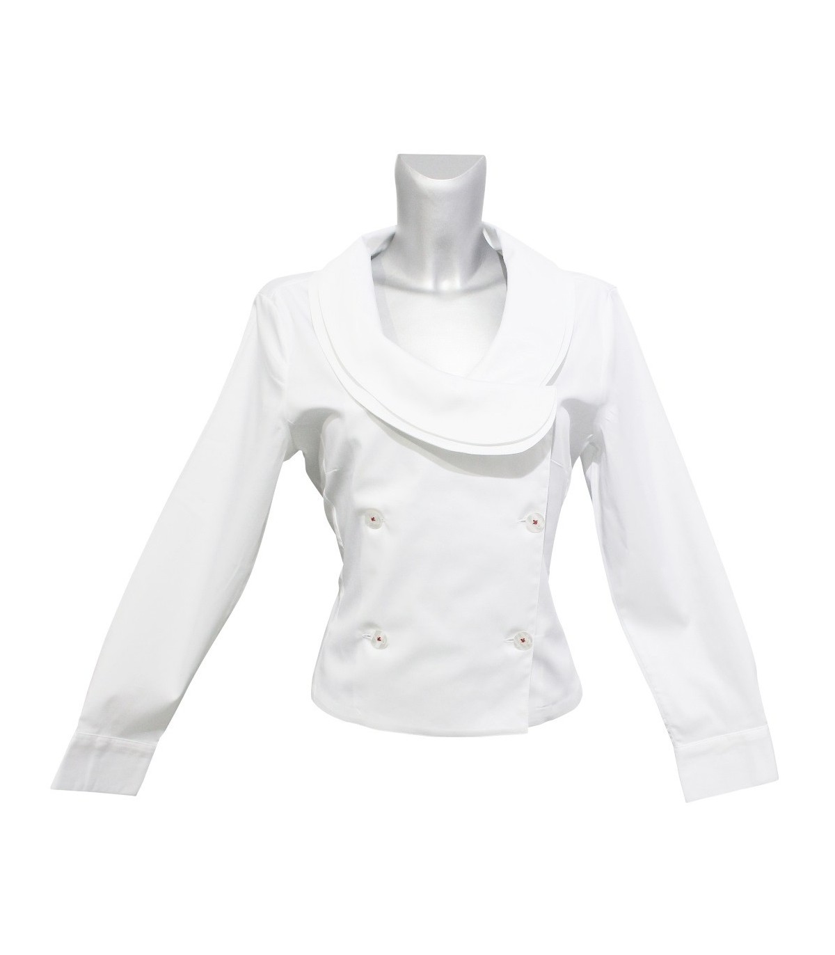 Kurz geschnittene Bluse in weiß mit doppelter Knopfleiste (jeweils 3  Knöpfe) und ausgefallenem Kragen